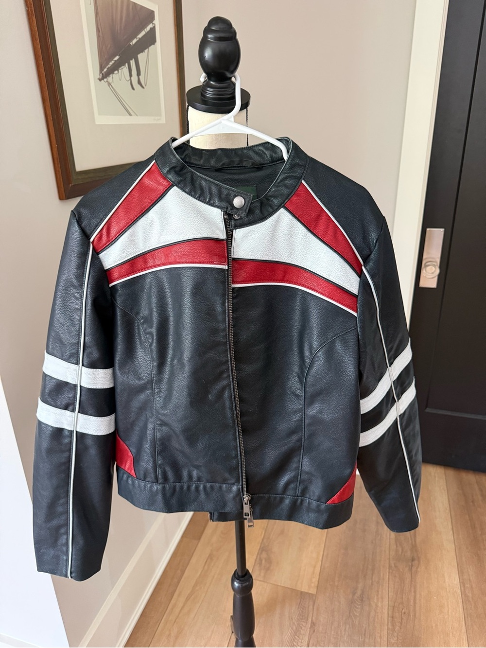 wild fable Black Faux-Leather Moto Jacket with Red & White Racing Stripes